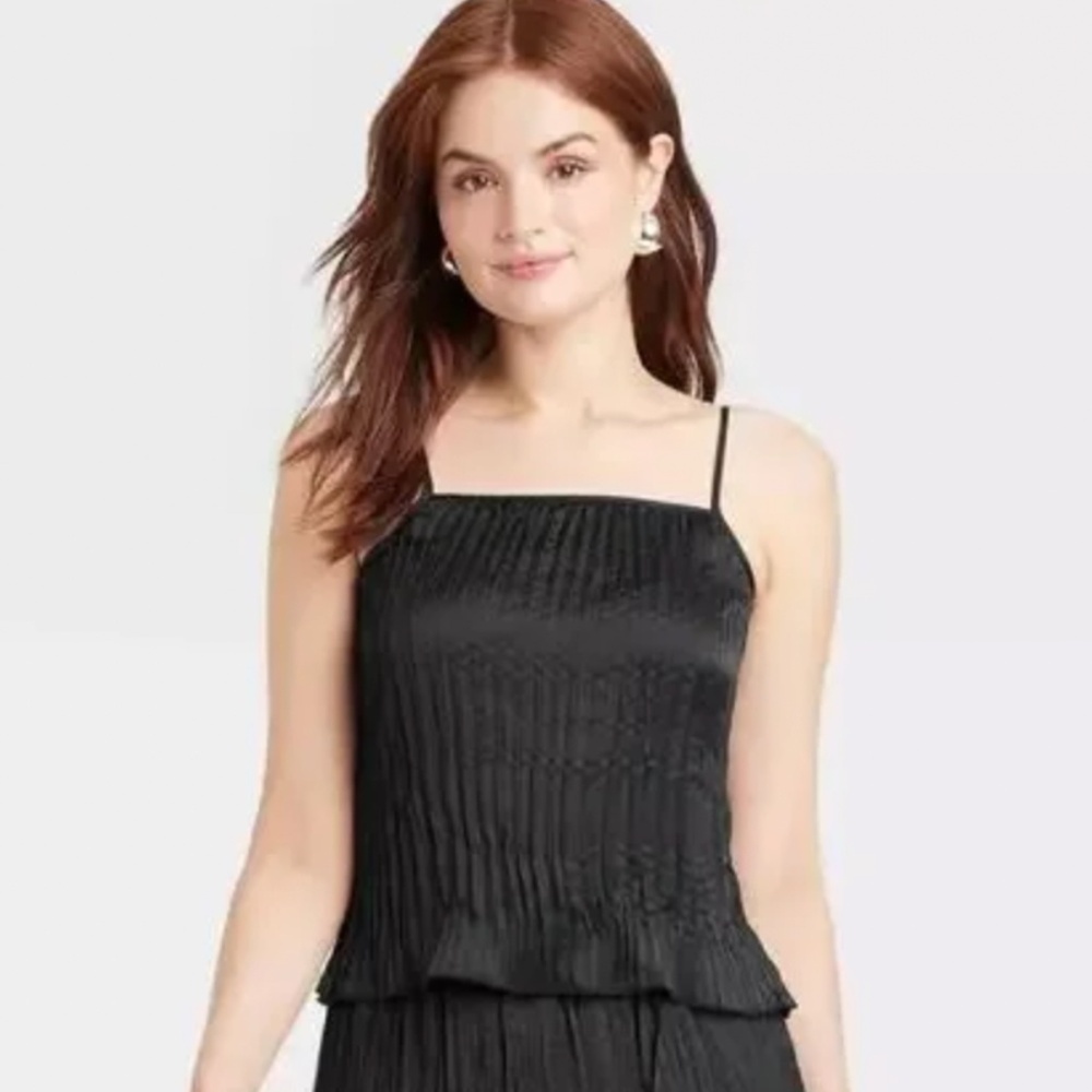 A new day Black Textured Satin Cami Tank Top Blouse (S)